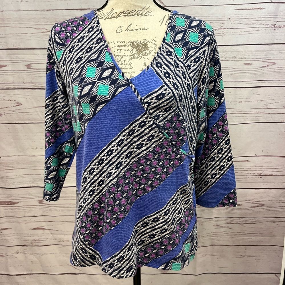 Ruby Rd. Blue Purple Teal Patterned Wrap-Front Blouse - Picture 1 of 3
